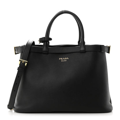 Prada Soft Grain Calfskin Medium Double Belt Tote Black 1 of 9