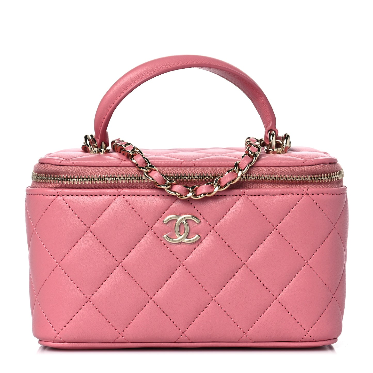 Lambskin Quilted Small Top Handle Vanity Case With Chain Dark Pink