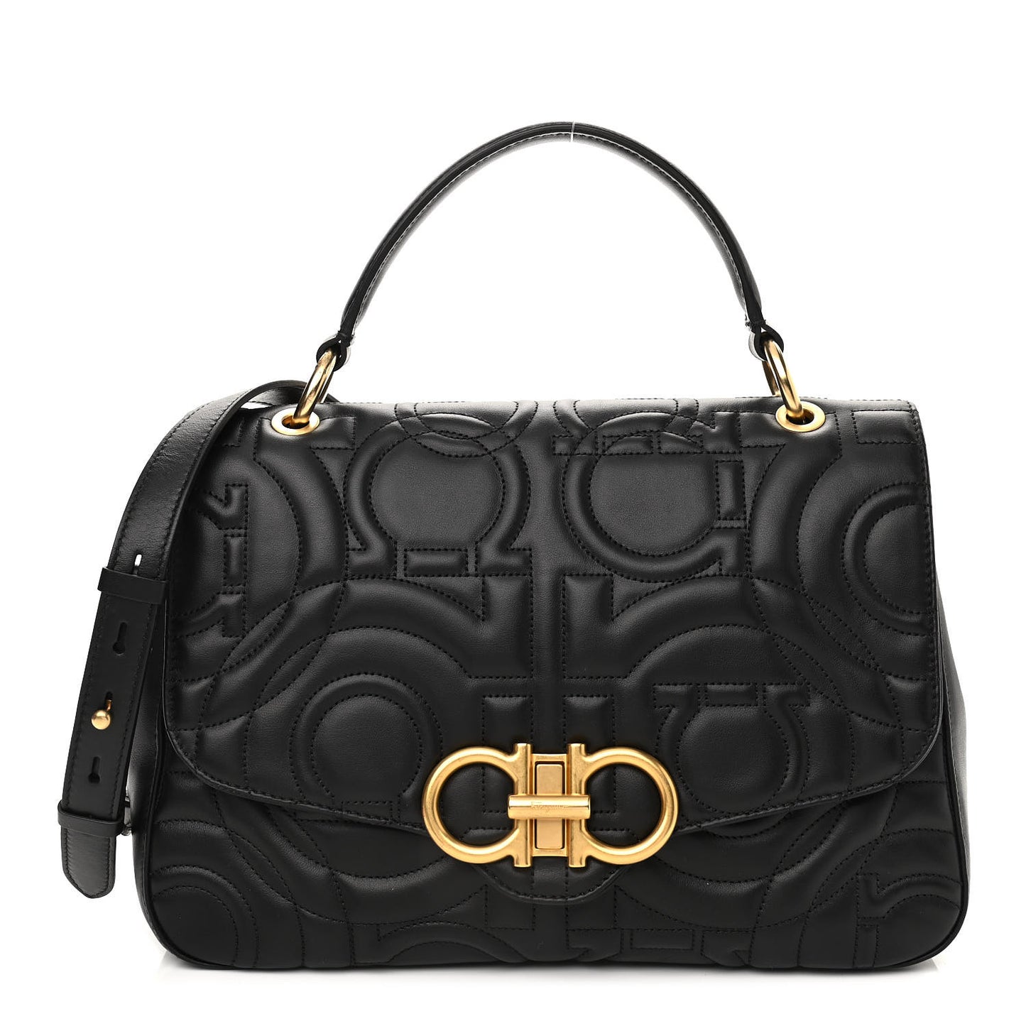 Calfskin Quilted Gancini Flap Bag Black