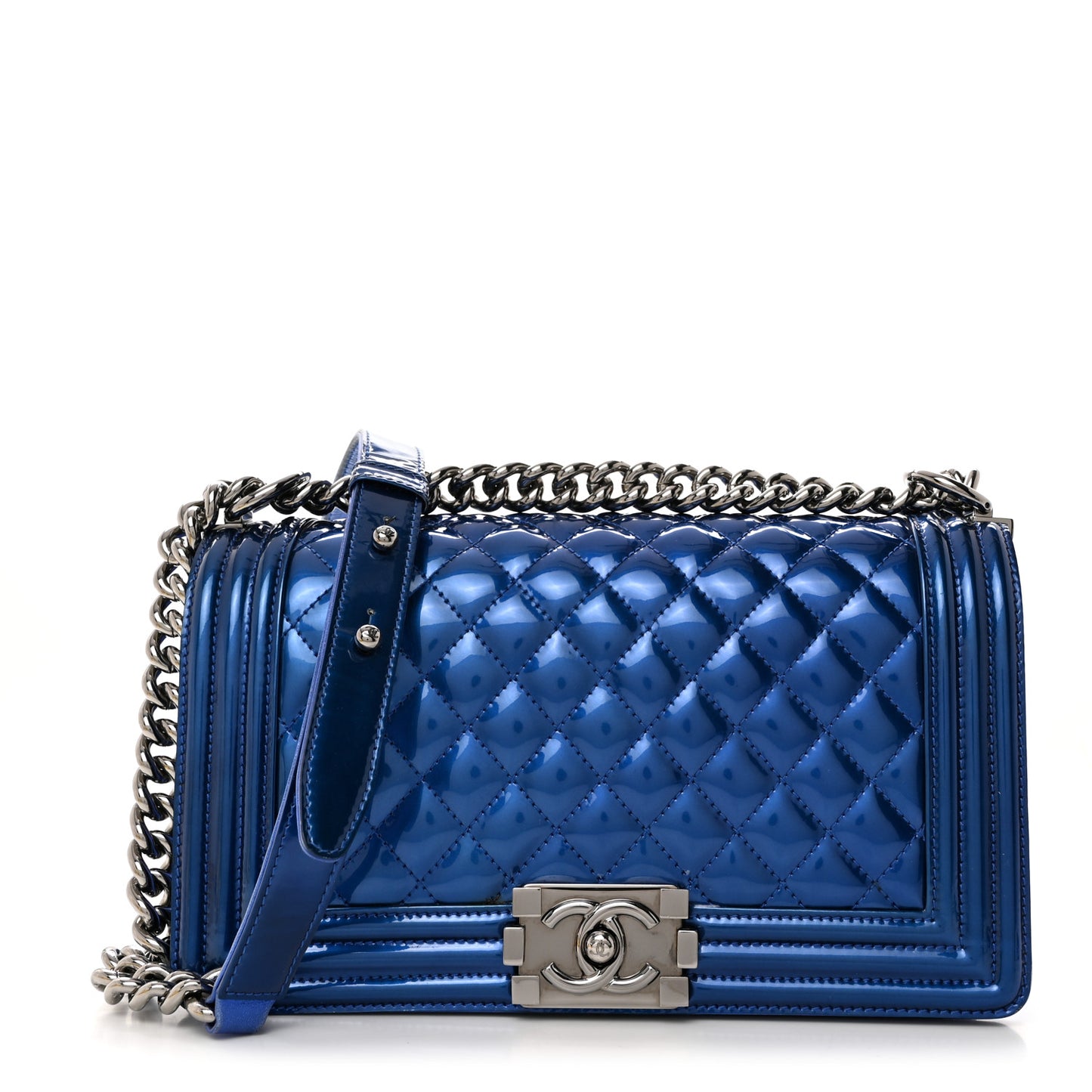 Metallic Patent Quilted Medium Boy Flap Blue