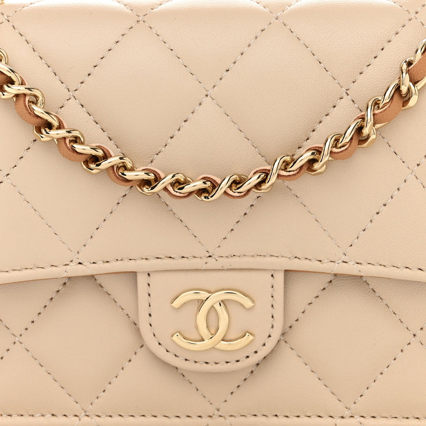 Lambskin Quilted Flap Phone Holder With Chain Beige Brown