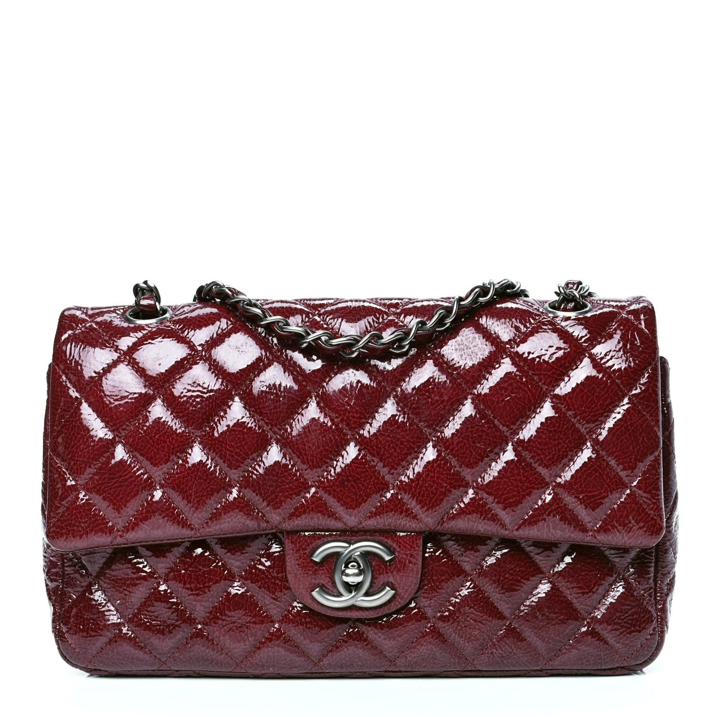 Crinkled Patent Quilted Medium Double Flap Dark Red