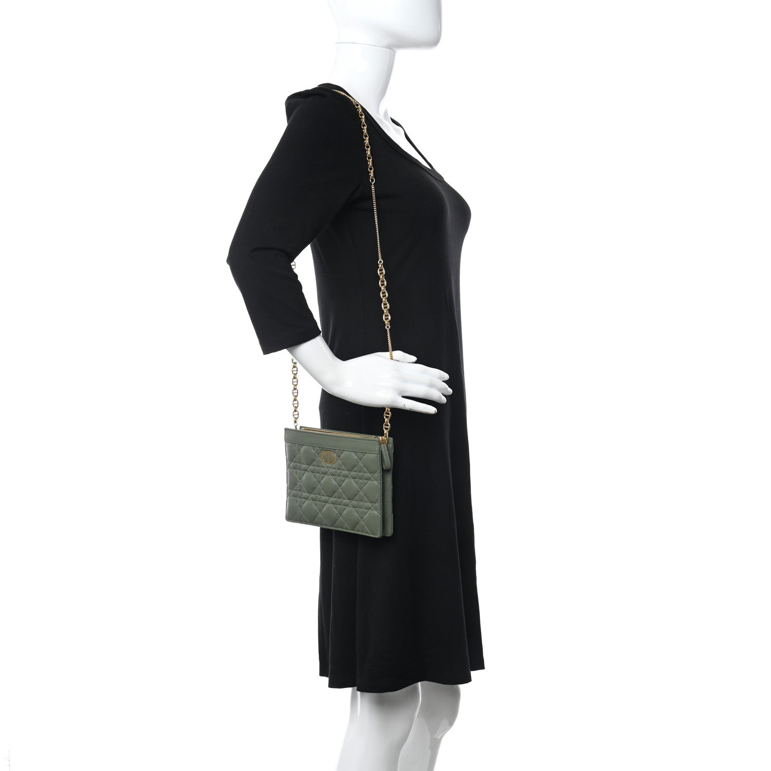 Christian Dior Calfskin Cannage Caro Zipped Pouch With Chain Cedar Green 2 of 10