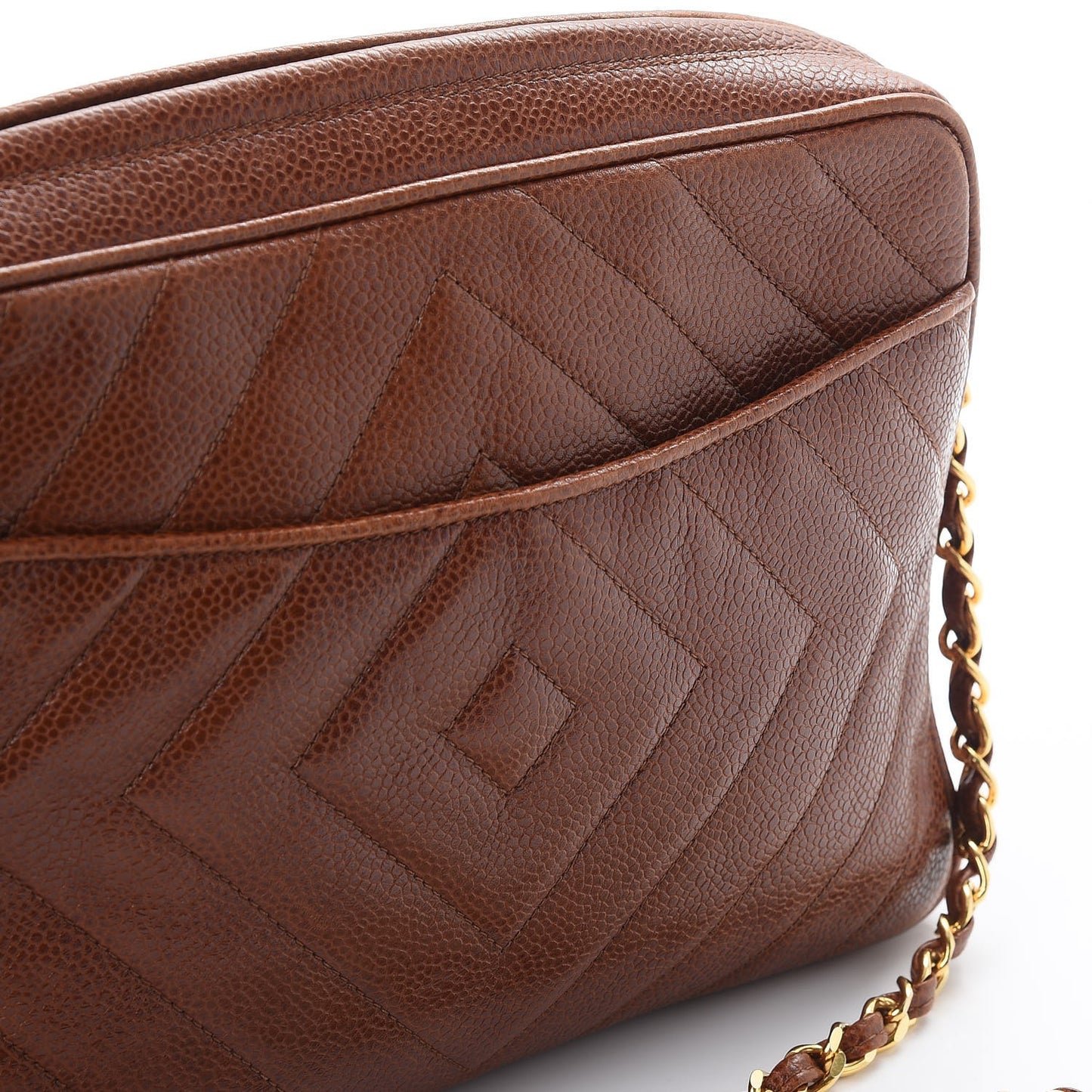 Caviar Chevron Quilted Tassel Camera Case Brown
