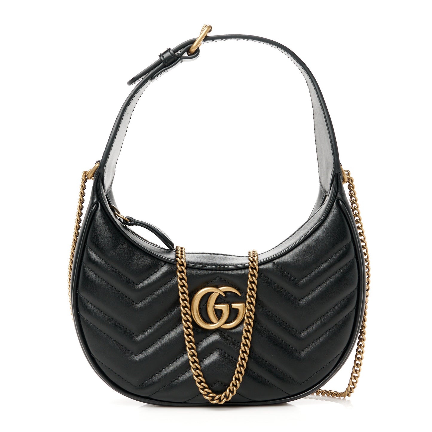 Calfskin Matelasse Chevron Mini GG Marmont Half Moon Hobo Black