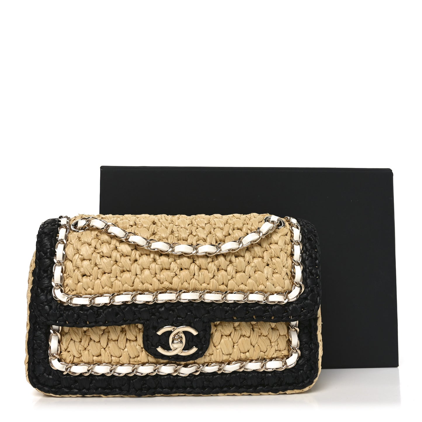 Raffia Chain Venice Beach Flap Bag Beige Black