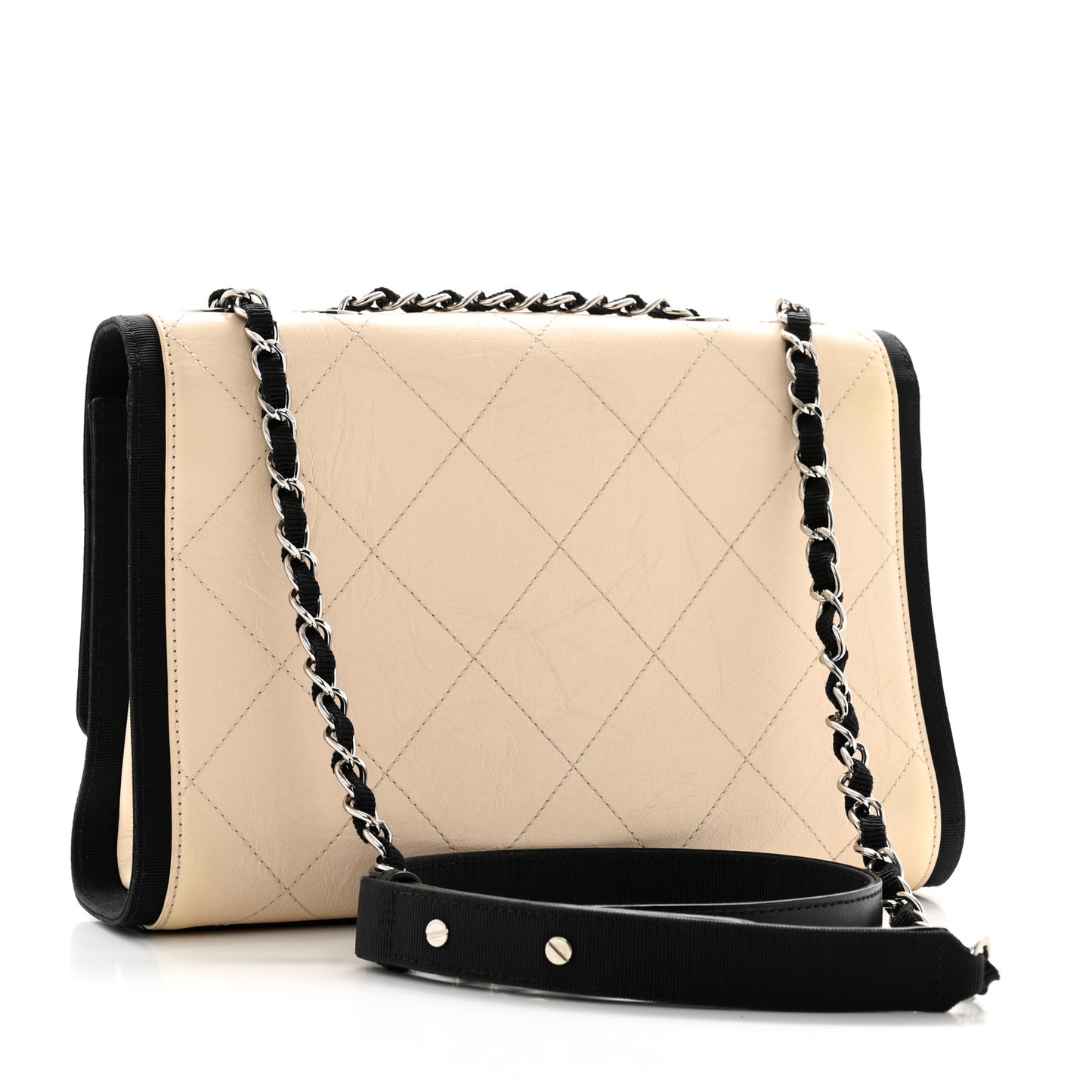 Aged Calfskin Grosgrain Quilted Chain CC Flap Ivory Black