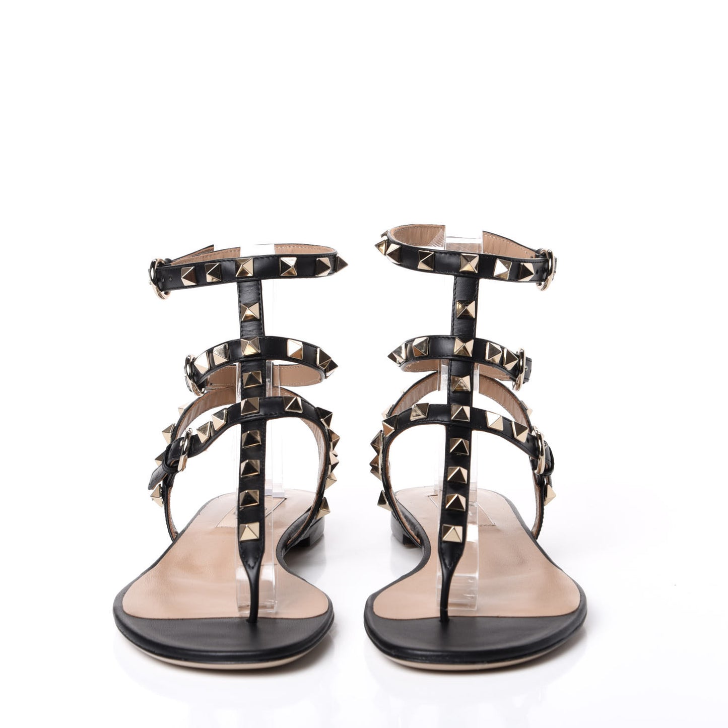Calfskin Rockstud Ankle Wrap Flat Thong Sandals 36 Black