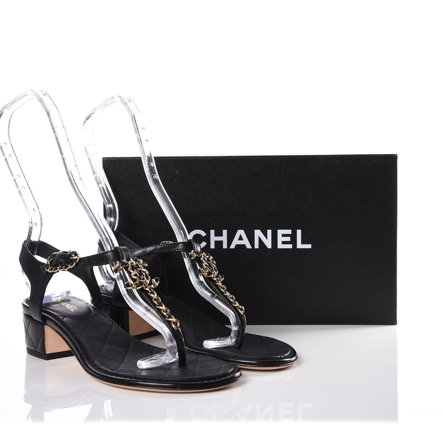 Lambskin Chain CC Logo Thong Sandals 36 Black