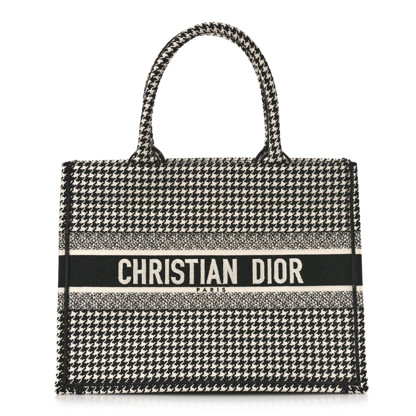 Canvas Houndstooth Embroidered Book Tote Black White