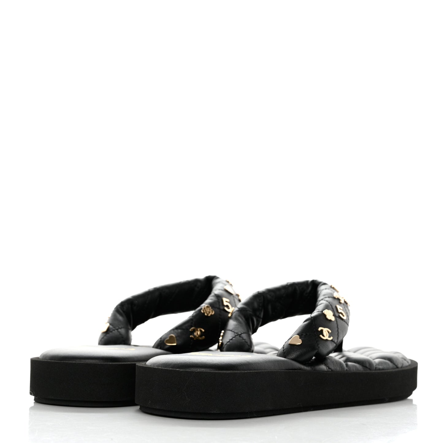Lambskin Quilted Padded Charms Thong Sandals 38 Black