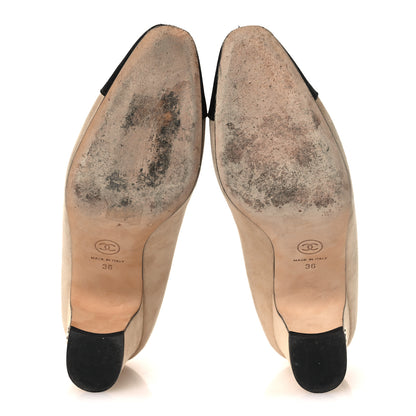 Chanel Suede Satin Cap Toe Low Heel Pumps 36 Beige Black 7 of 16