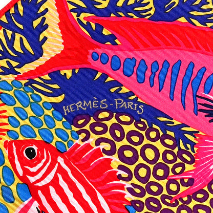 Hermes Silk Under The Waves Scarf 90  Ocre Rose Vif Bleu 3 of 4