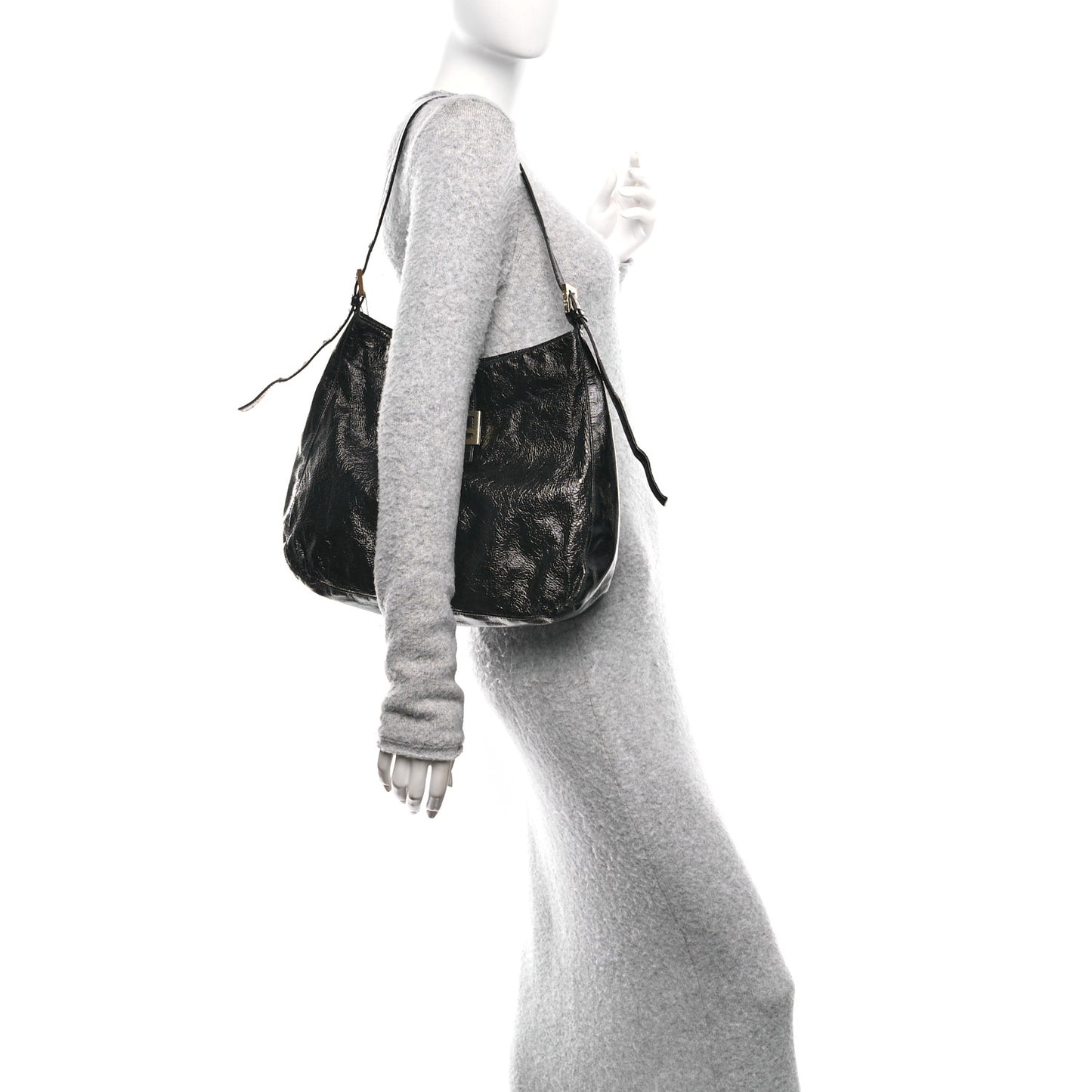 Crinkled Calfskin Baguette Shoulder Bag Black