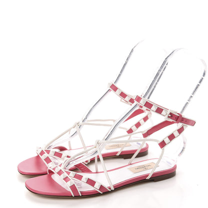 Valentino Garavani Calfskin Free Rockstud Ankle Strap Flat Sandals 38.5 Shadow Pink White 3 of 9