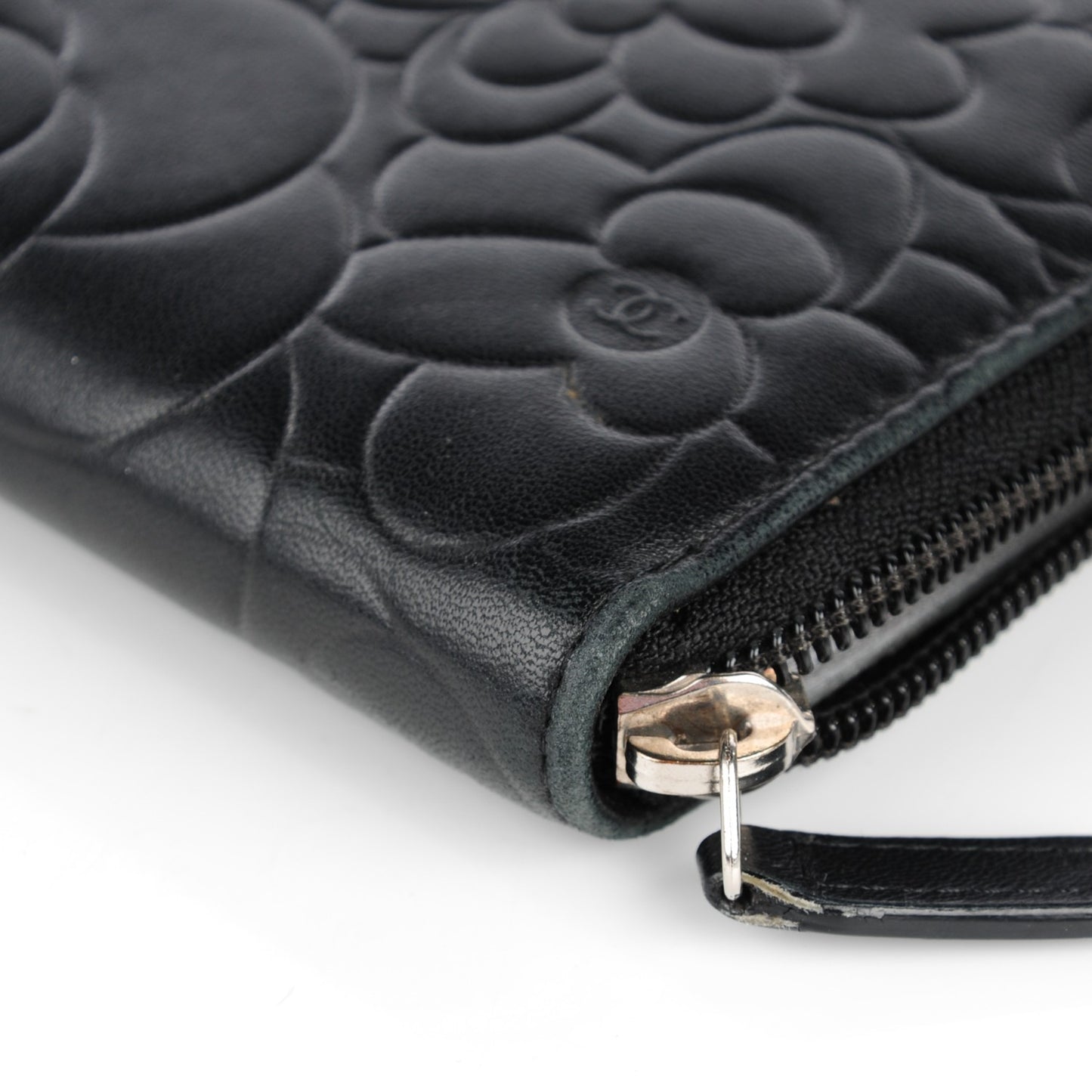 Lambskin Camellia Embossed Large Zip Around Gusset Wallet Black