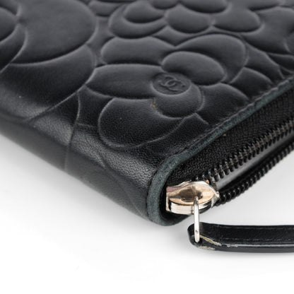 Chanel Lambskin Camellia Embossed Large Zip Around Gusset Wallet Black 12 of 12