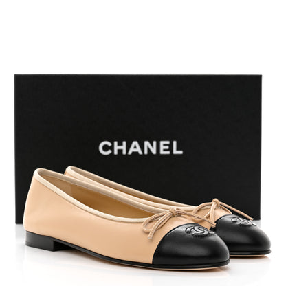 Chanel Lambskin Cap Toe CC Ballerina Flats 37.5 Beige Black 9 of 9