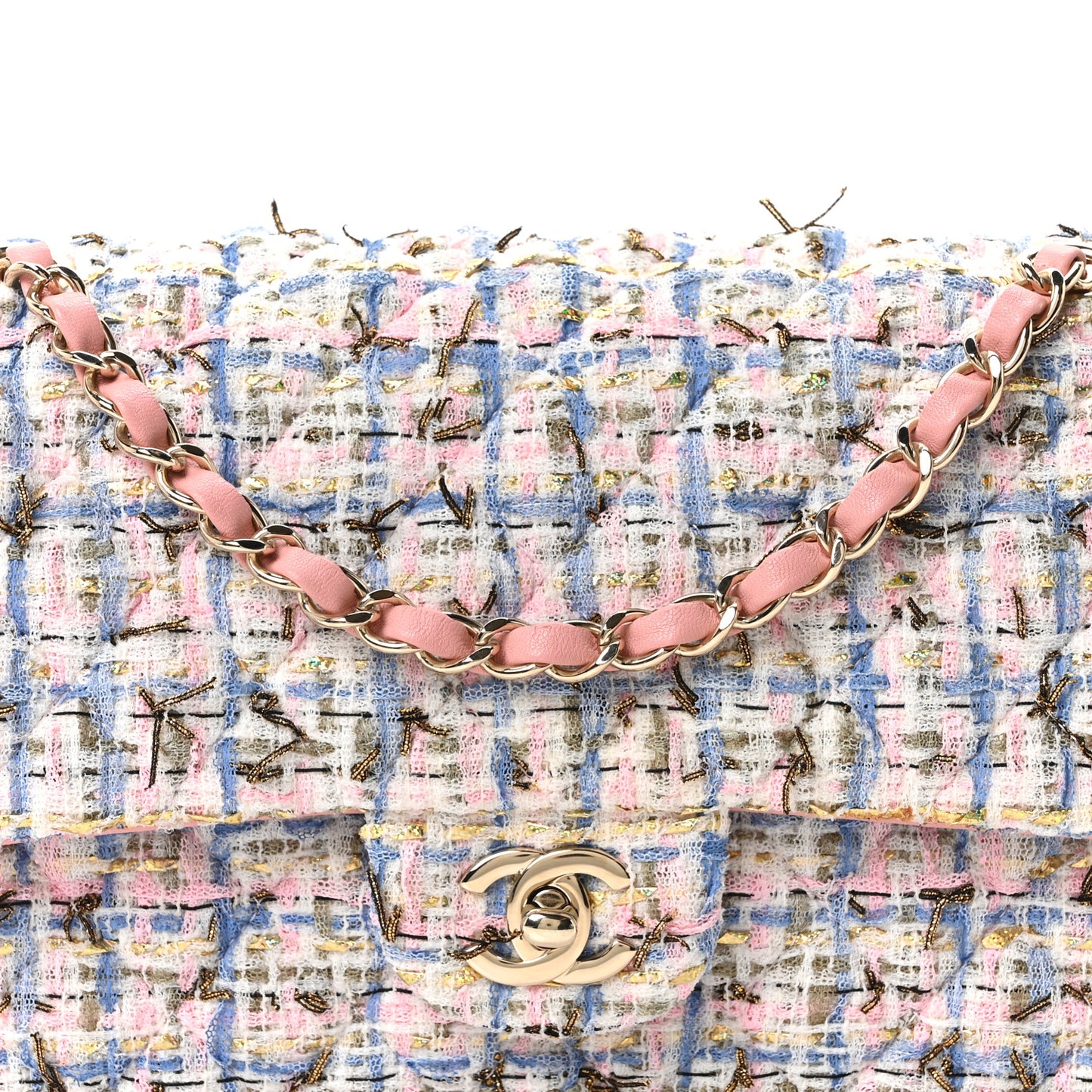 Tweed Quilted Medium Double Flap Blue Pink Gold White