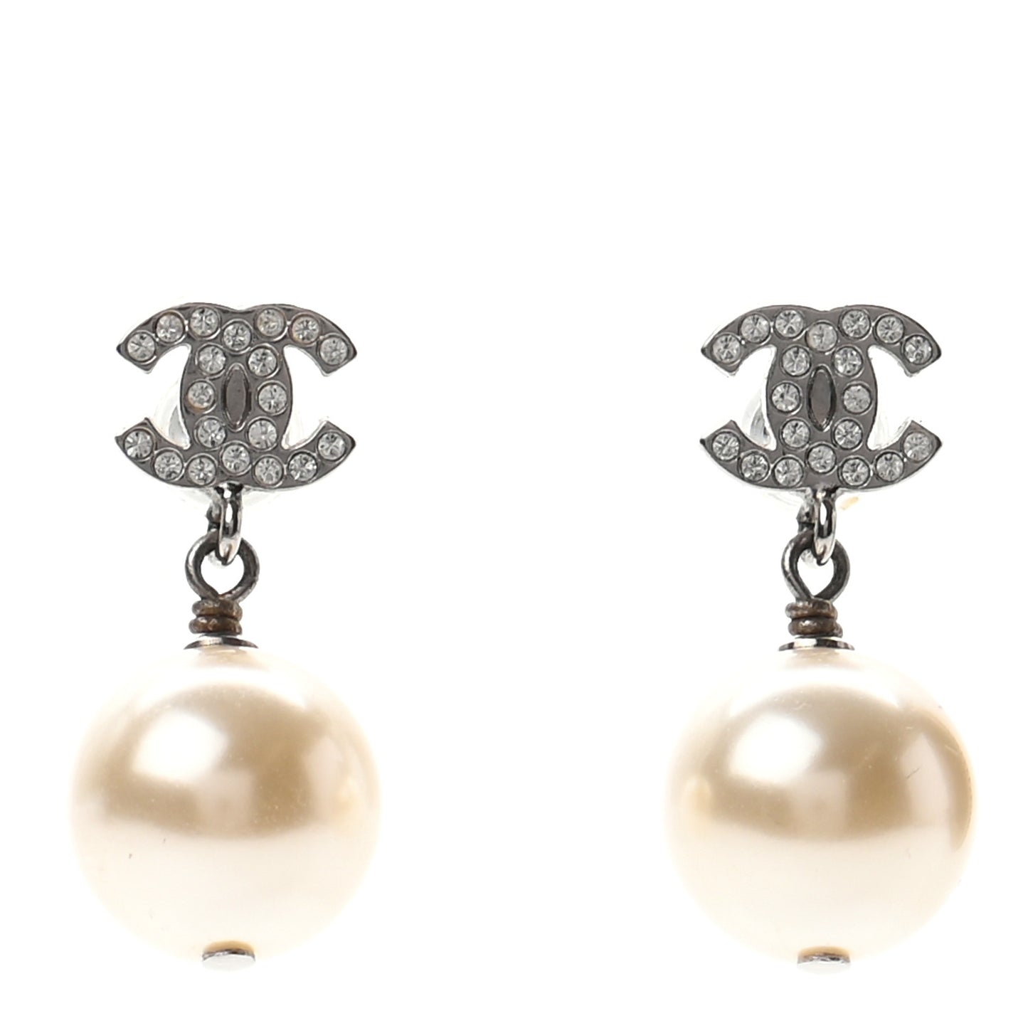 Crystal Pearl CC Drop Earrings Silver