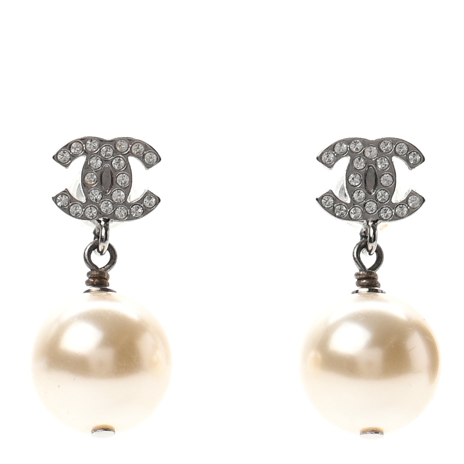 Chanel Crystal Pearl CC Drop Earrings Silver 1 of 4