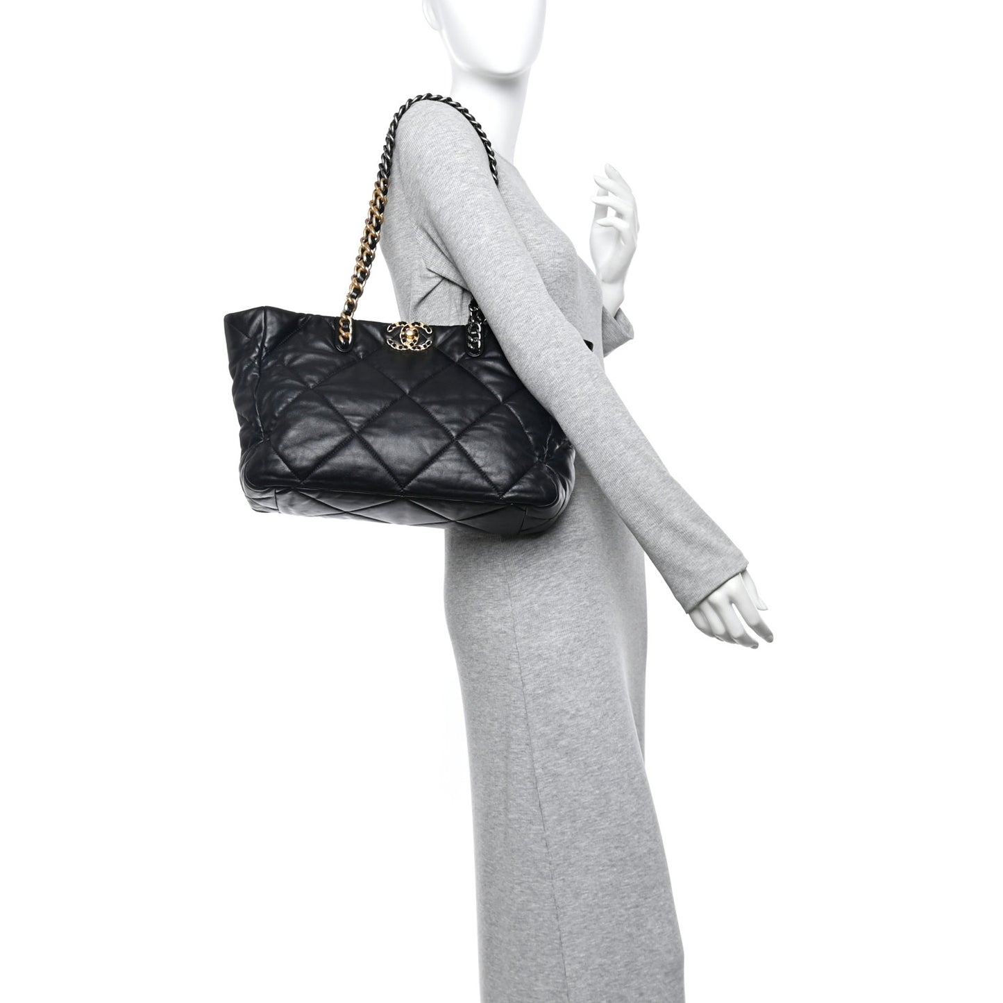 Lambskin Quilted Chanel 19 East West Shopping Bag Black