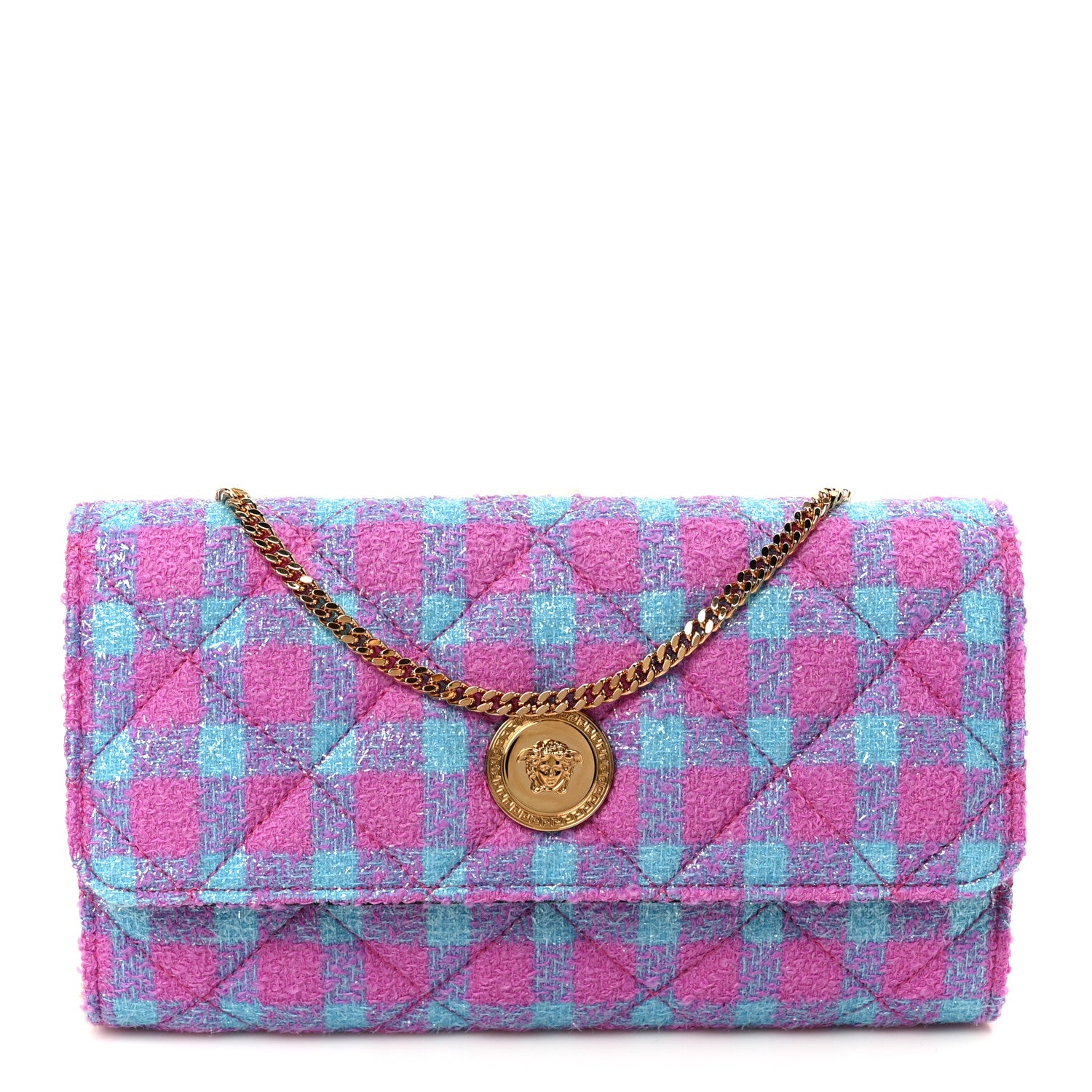 Versace Tweed Quilted Medusa Wallet on Chain Crossbody Pink Blue 1 of 11