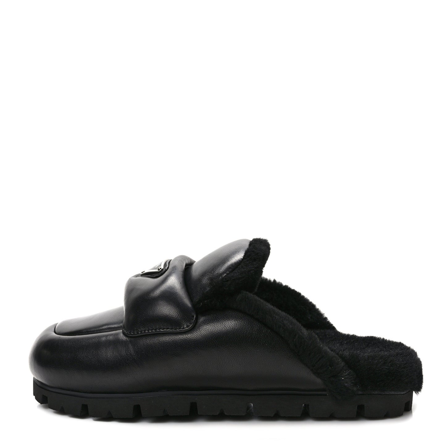 Nappa Shearling Soft Padded Metal Triangle Logo Lug Sole 20mm Mules 37 Black