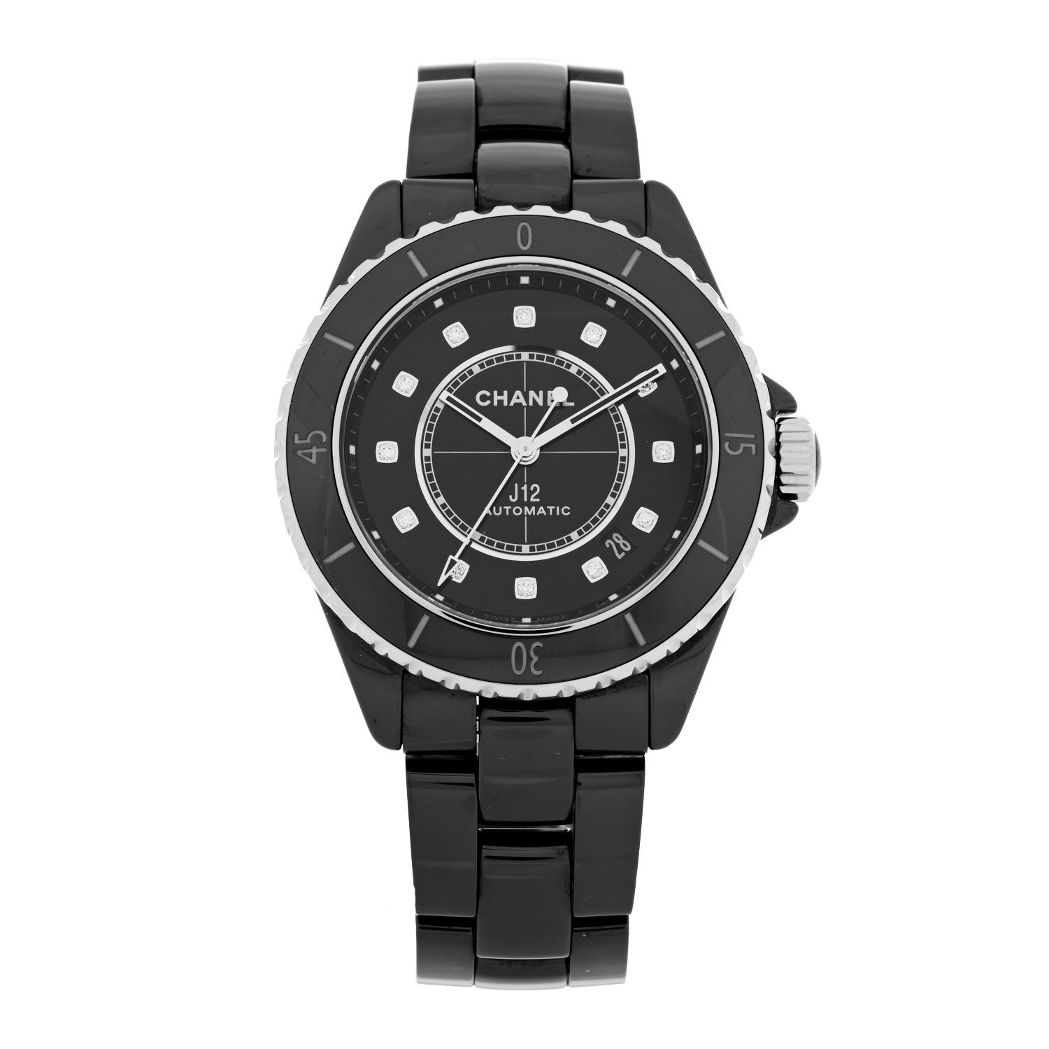 Chanel Stainless Steel Ceramic Diamond 38mm J12 Automatic Watch Black 1 of 4