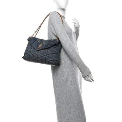 Saint Laurent Denim Quilted Medium Loulou Puffer Monogram Chain Satchel Blue Cinnamon 2 of 12