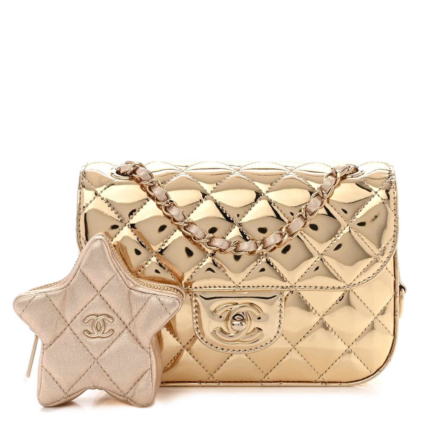 Mirror Calfskin Metallic Calfskin Quilted Hollywood Boulevard Mini Flap With Star Coin Purse Gold