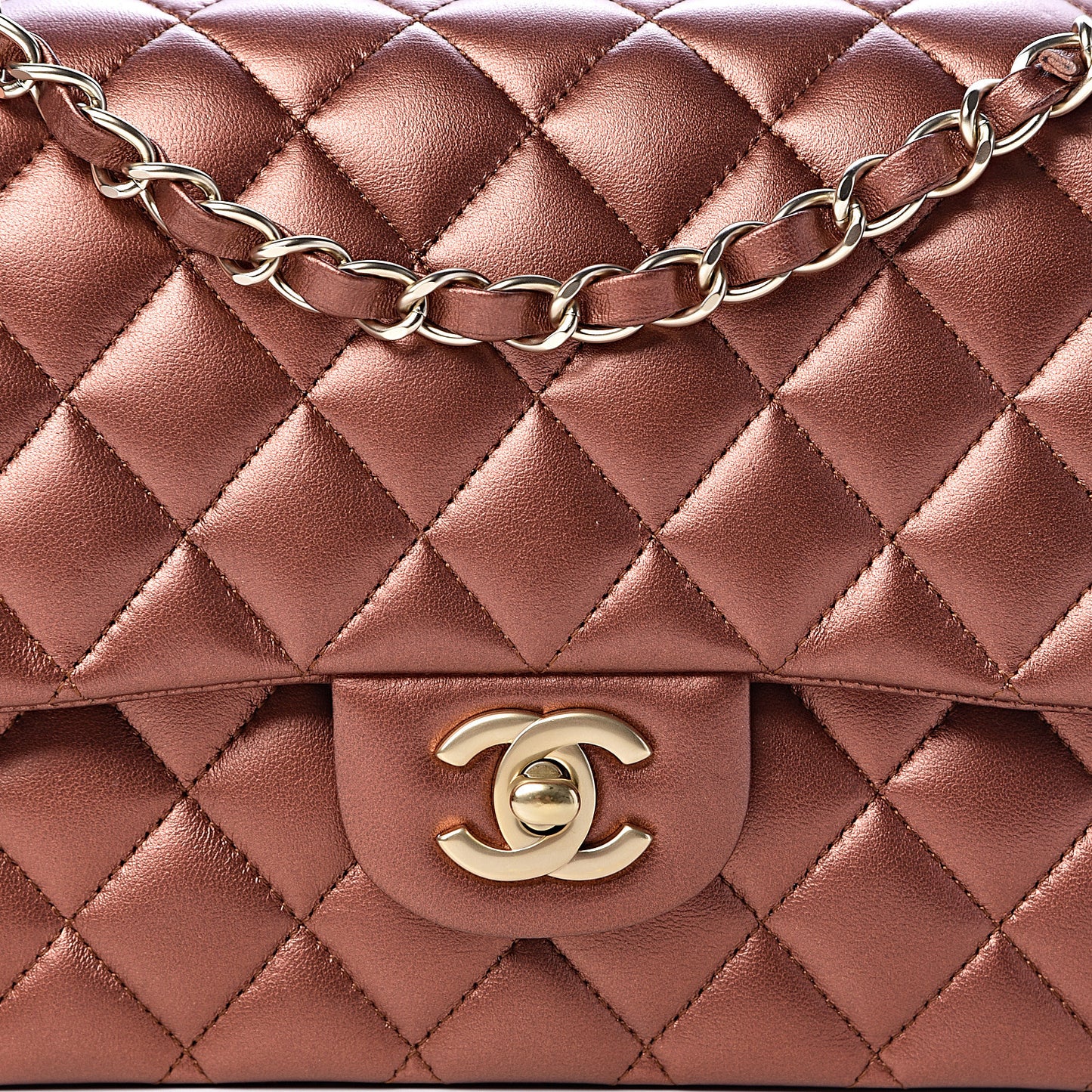 Metallic Lambskin Quilted Medium Double Flap Bronze