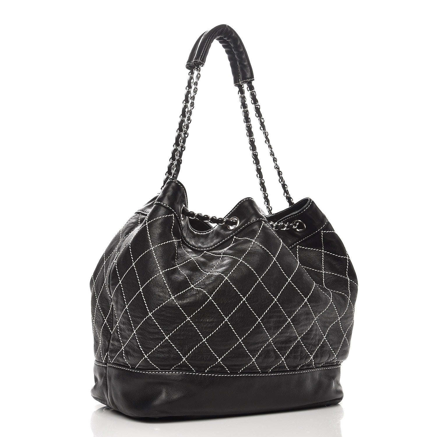 Chanel Lambskin Contrast Stitch Large Drawstring Tote Black 3 of 7