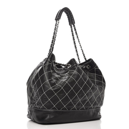 Chanel Lambskin Contrast Stitch Large Drawstring Tote Black 3 of 7
