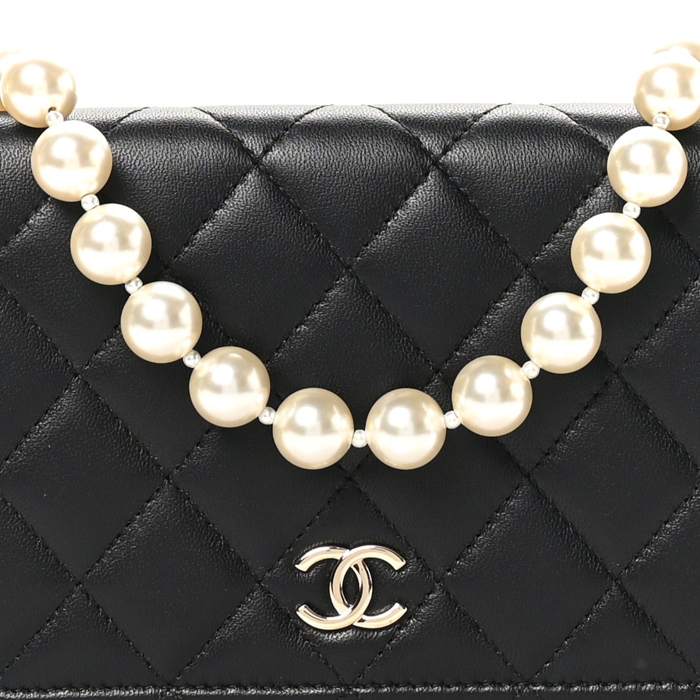 Lambskin Quilted Pearl Wallet On Chain WOC Black