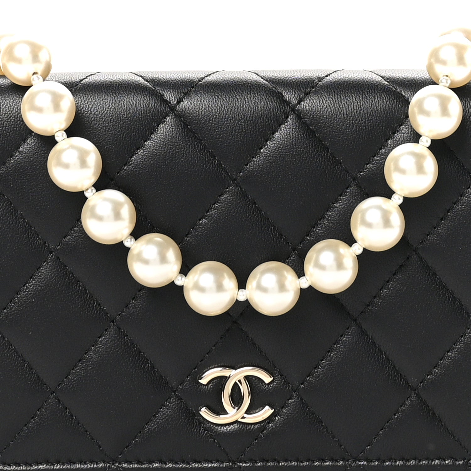 Chanel Lambskin Quilted Pearl Wallet On Chain WOC Black 9 of 12