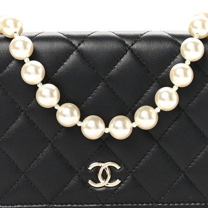 Chanel Lambskin Quilted Pearl Wallet On Chain WOC Black 9 of 12