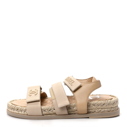 Chanel Stretch Fabric Lambskin CC Flat Sandals 37 Beige 1 of 7