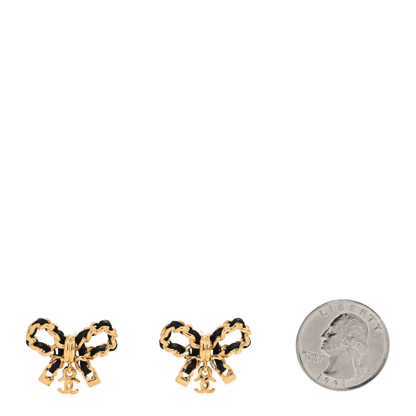 Lambskin Chain Bow Stud Earrings Black Gold