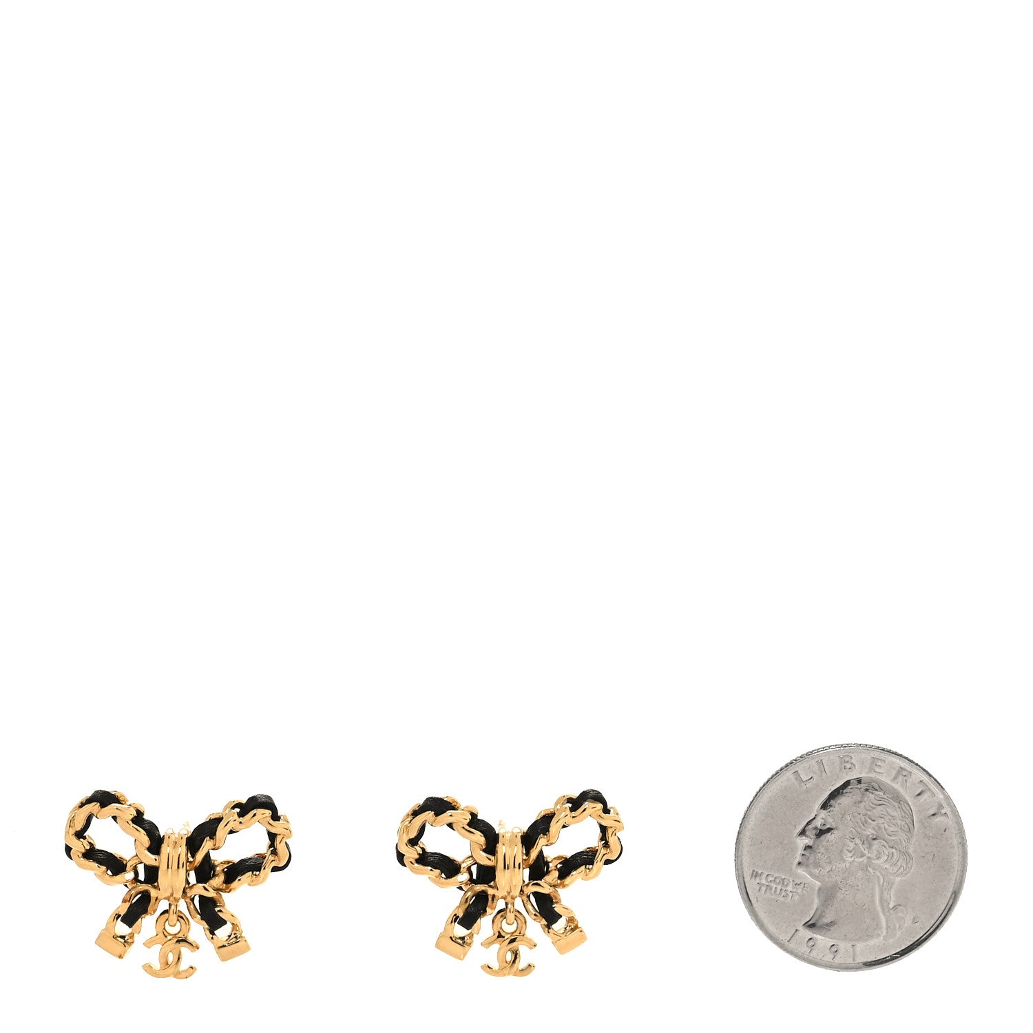 Chanel Lambskin Chain Bow Stud Earrings Black Gold 2 of 5