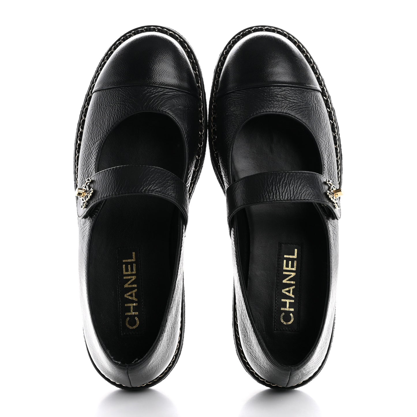 Crumpled Lambskin Cap Toe Chain CC Turnlock Mary Jane Flats 39 Black