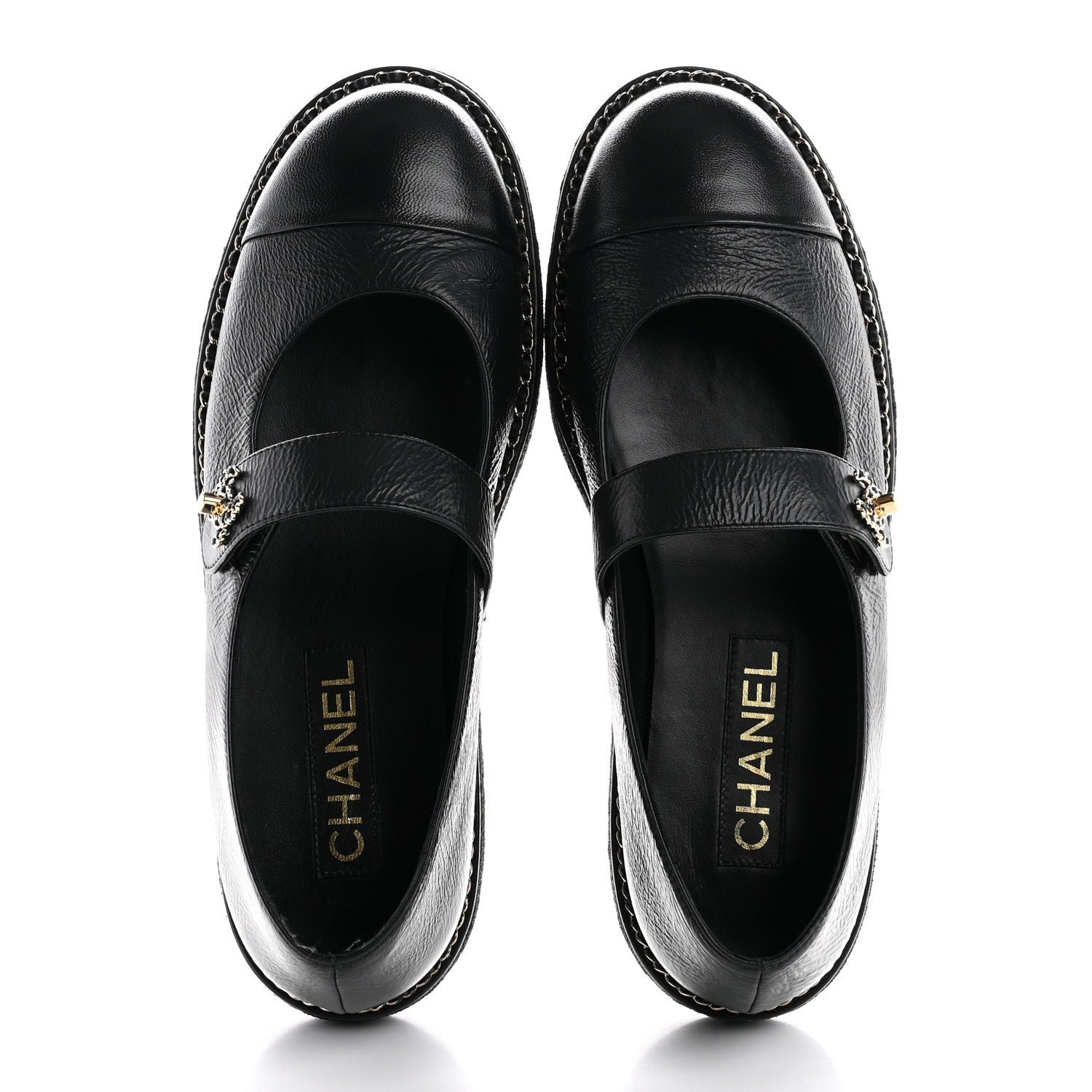 Chanel Crumpled Lambskin Cap Toe Chain CC Turnlock Mary Jane Flats 39 Black 2 of 11