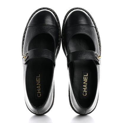 Chanel Crumpled Lambskin Cap Toe Chain CC Turnlock Mary Jane Flats 39 Black 2 of 11