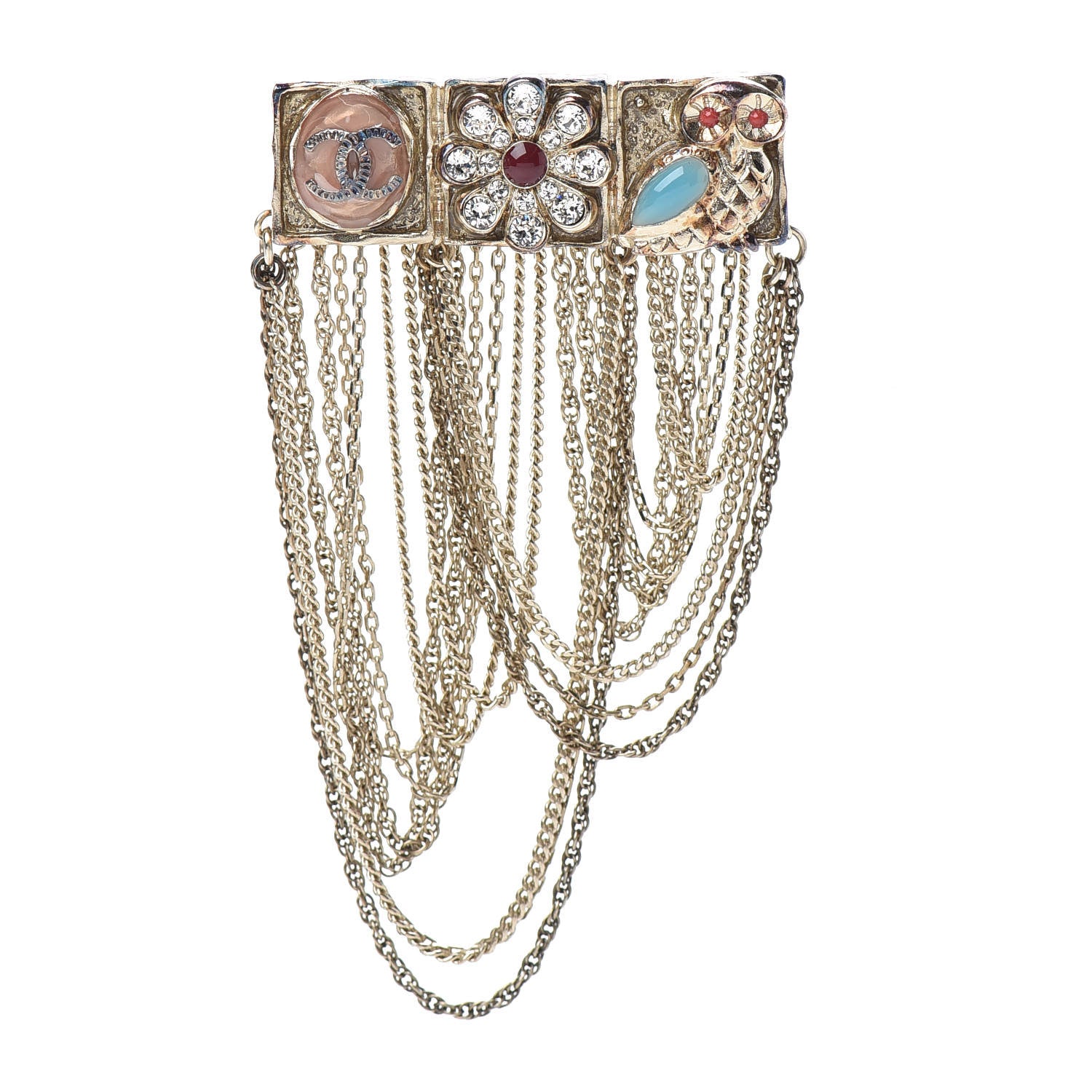 Chanel Enamel Crystal Multi Strand Chain Brooch Gold 1 of 6