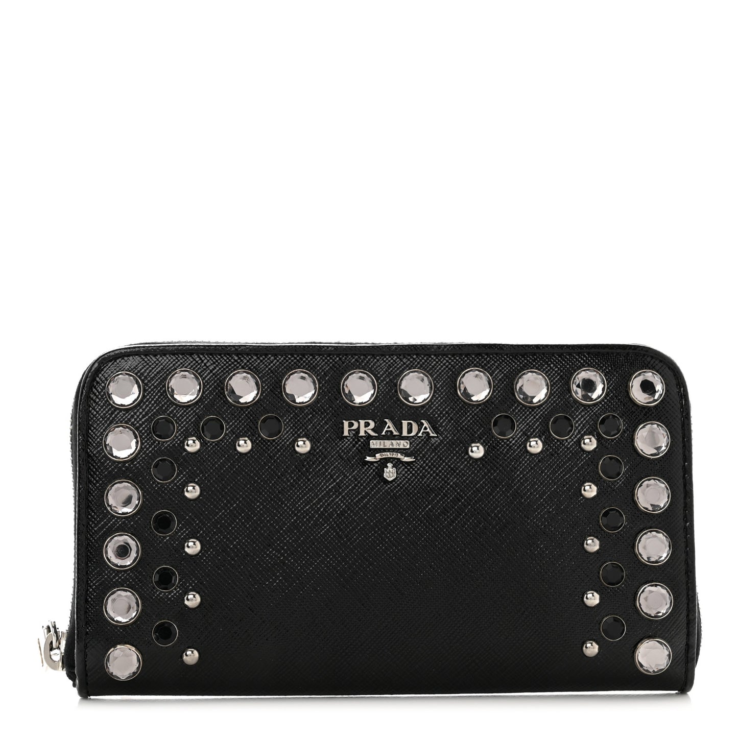 Saffiano Vernice Crystal Studded Zip Around Wallet Black