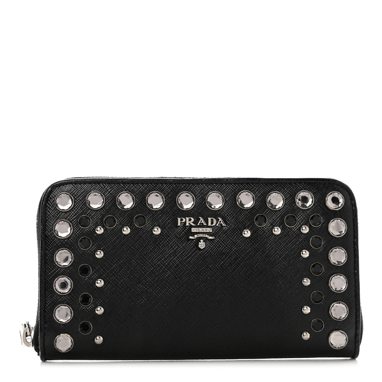 Prada Saffiano Vernice Crystal Studded Zip Around Wallet Black 1 of 7