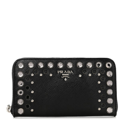 Prada Saffiano Vernice Crystal Studded Zip Around Wallet Black 1 of 7