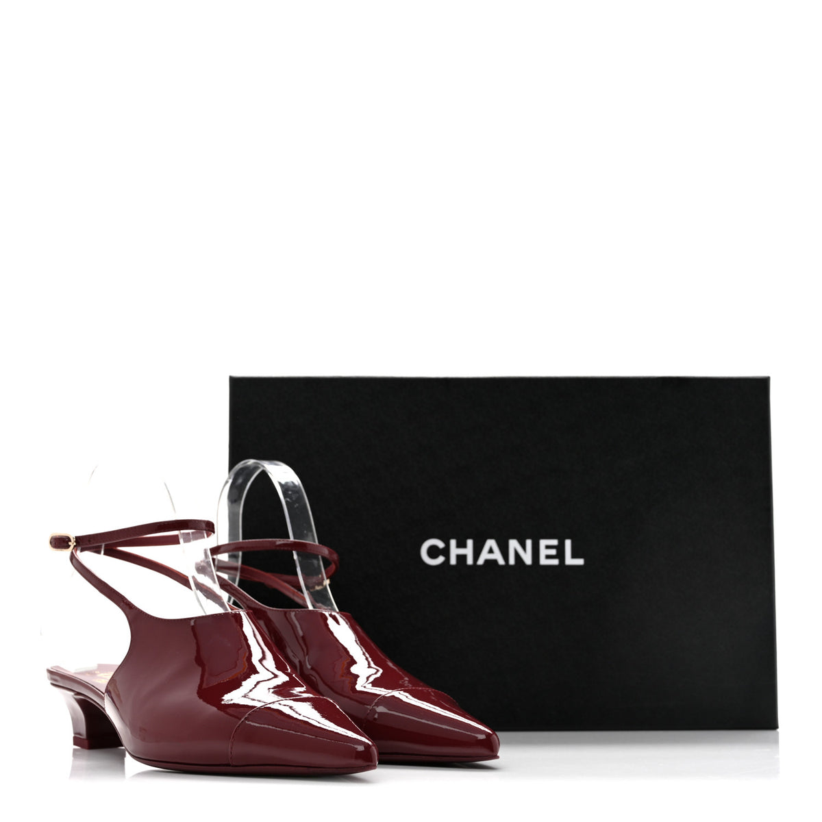 Patent Calfskin Cap Toe CC Slingback Pumps 38 Dark Burgundy