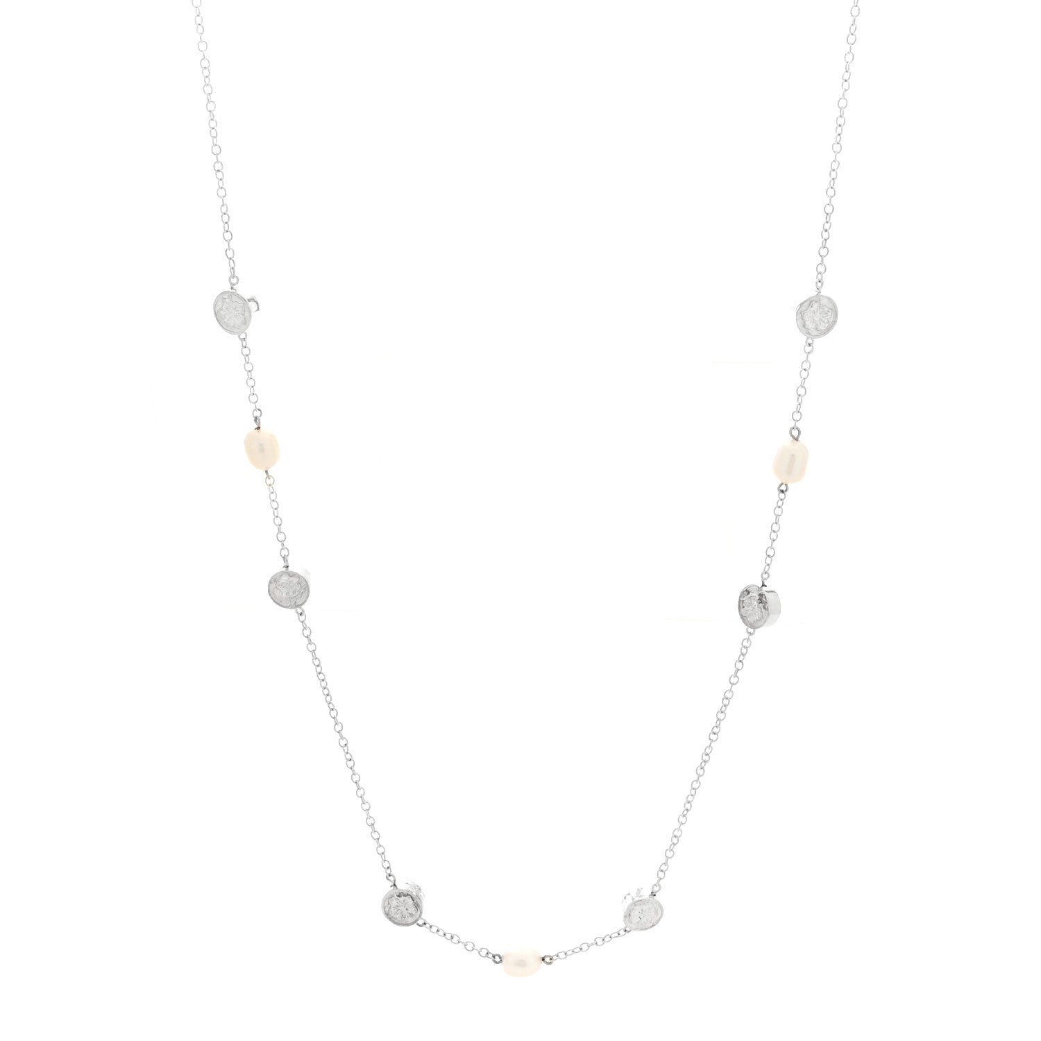 Tiffany Sterling Silver Cultured Pearl Hibiscus Flower Station Necklace 1 of 5