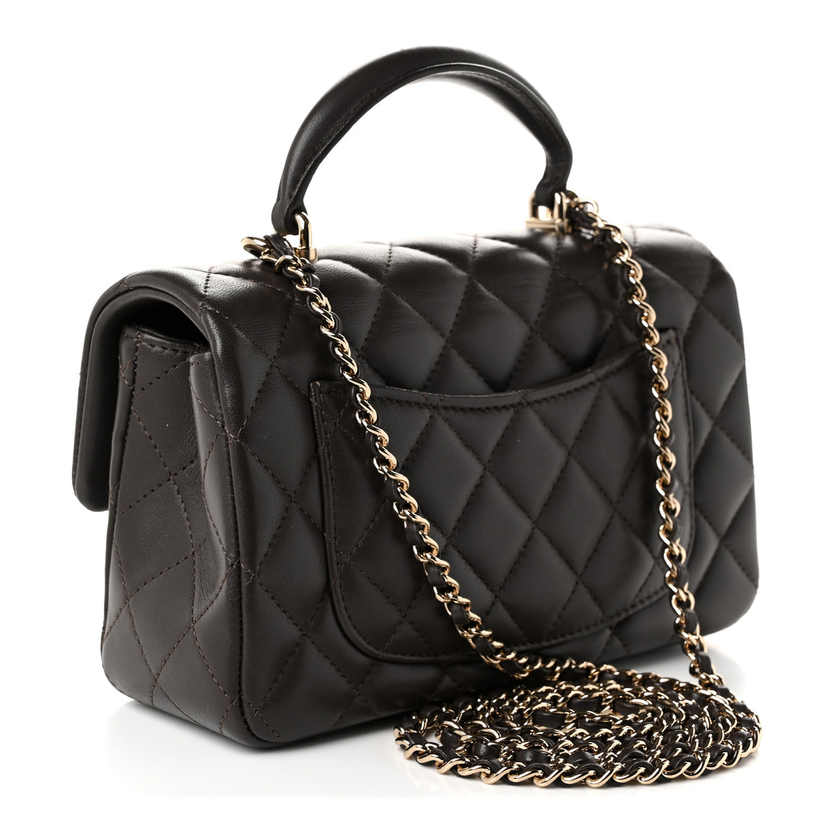 Lambskin Quilted Mini Top Handle Rectangular Flap Dark Brown
